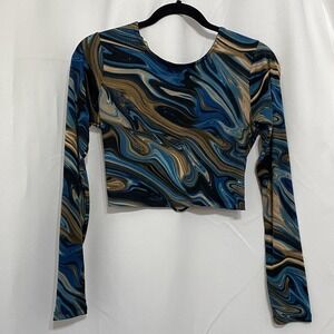 Just Polly Ribbed Long Sleeve Backless Crop Top Sz L Colorful Marble Design NWT